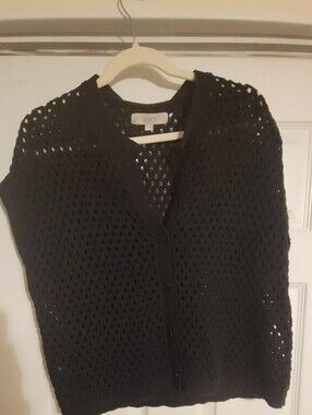 LOFT Black Open-Weave Button Front Cardigan